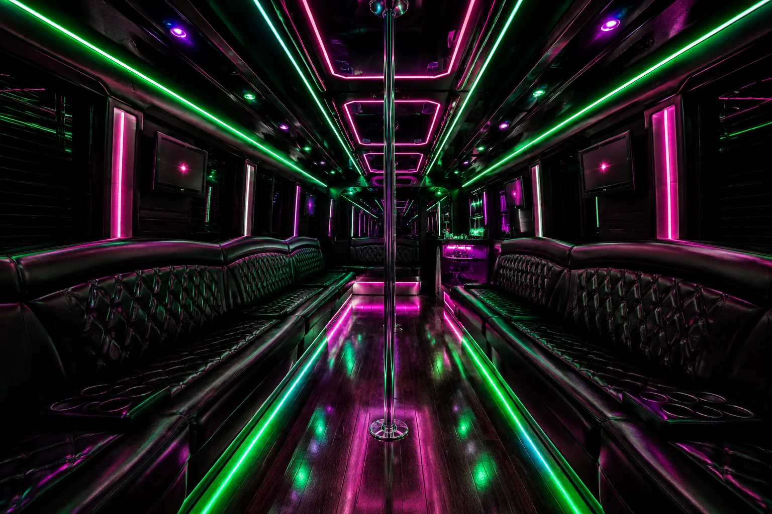 Pasillo central de un bus discoteque con caño de baile y luces de colores