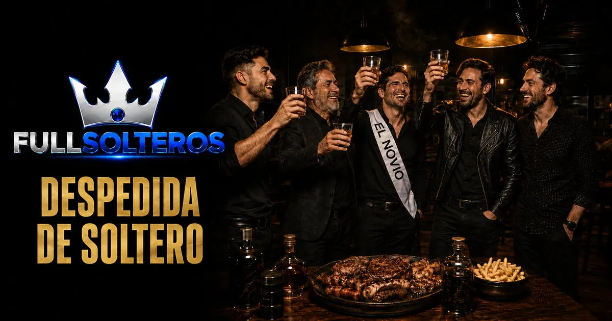 Grupo de amigos brindando en una despedida de soltero en local privado en Santiago