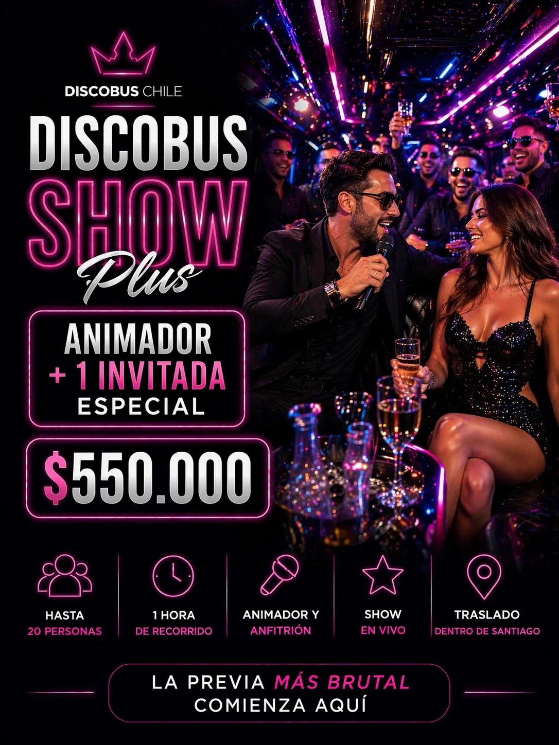 Plan DiscoBus Show Plus despedida de soltero $550.000 — animador y 1 invitada especial con show en vivo