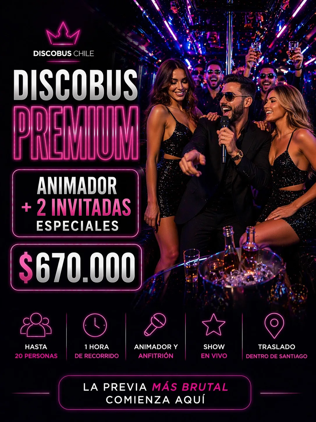 Plan DiscoBus Premium despedida de soltero $670.000 — animador y 2 invitadas especiales con show en vivo