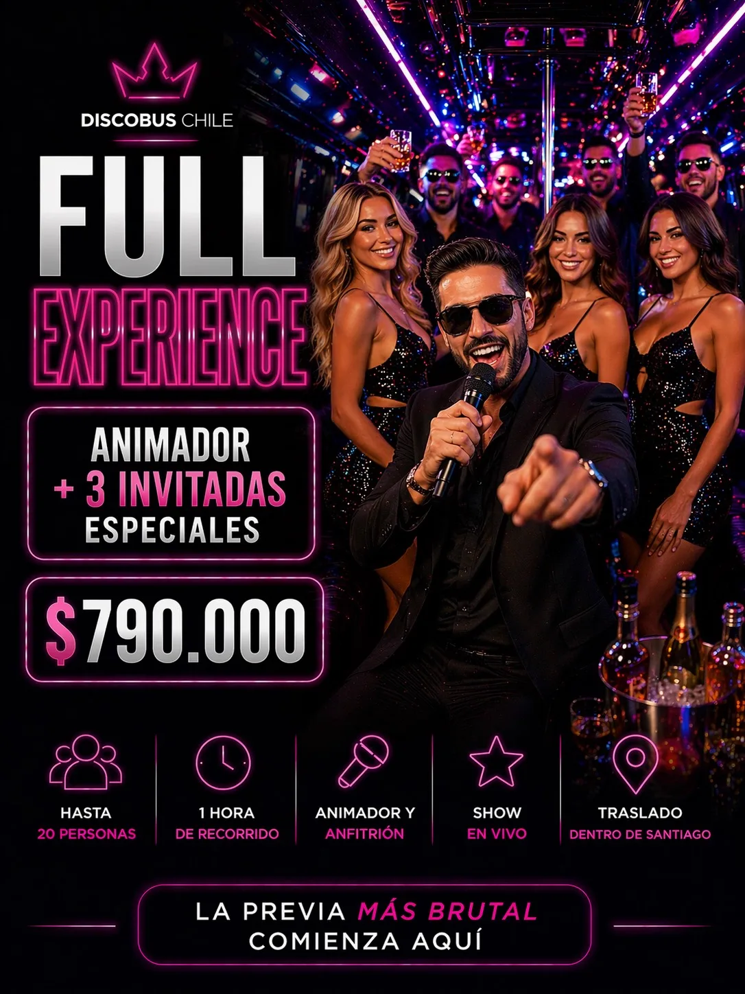 Plan DiscoBus Full Experience despedida de soltero $790.000 — animador y 3 invitadas especiales con show en vivo